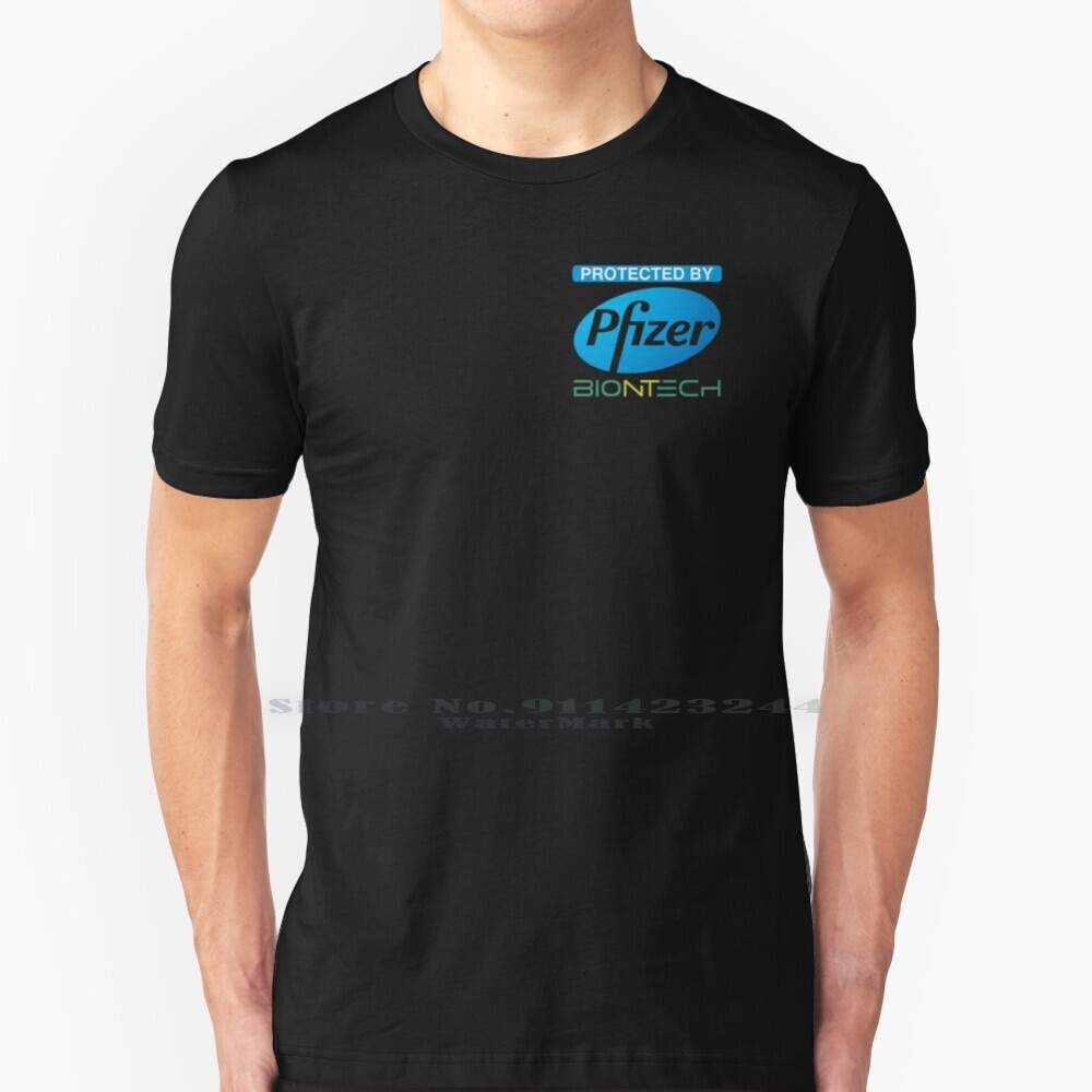 ปกป้องโดย Pfizer Biontech T เสื้อ 100% ผ้าฝ้ายแท้ปกป้อง Biontech Pfizer Vaccine 2020 ป้ายวัคซีนคริสต