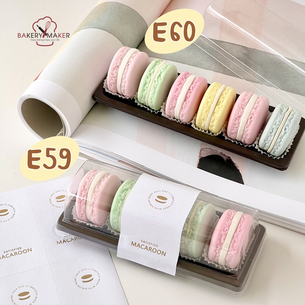 กล่องพลาสติก ฐานขาว , น้ำตาล ฝาใส แพ็ค 100 ใบ E59 , E60 กล่องมาการอง