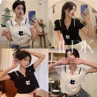 1LDK🌈พร้อมส่ง🌈เสื้อตาข่าย คอปก แขนสั้น โชว์ร่อง ดอกไม้ตรงกลาง(94140)