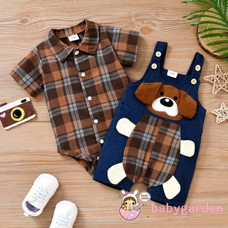 Babygarden-0-18months ชุดรอมเปอร์ พิมพ์ลายลูกสุนัข ลายสก๊อต สําหรับเด็กผู้ชาย 2 ชิ้น ต่อชุด