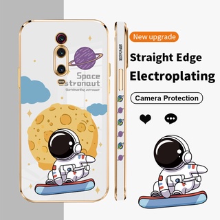 เคสโทรศัพท์มือถือแบบนิ่ม บางมาก กันกระแทก ลายนักบินอวกาศน่ารัก หรูหรา ขอบตรง ชุบทอง สําหรับ Redmi K20 Pro Xiaomi 9T Pro