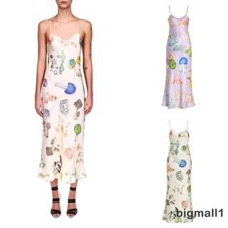 BIGMALL-Women´s Summer Midi Dress, Sleeveless Spaghetti Strap V Neck Mushroom Print Long Dress