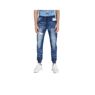 DAVIE JONES กางเกงจ็อกเกอร์ ยีนส์ เอวยางยืด ขาจั๊ม สีฟ้า คาดหนัง Drawstring Denim Joggers in blue GP0075LN