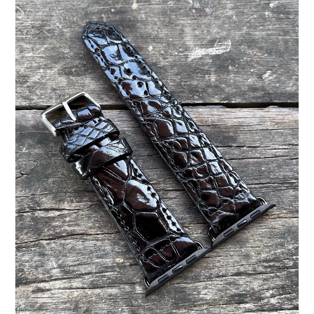 สายนาฬิกาหนังจระเข้แท้100% สีดำ สำหรับ Apple watch 42MM 44MM 45MM ตัวเชื่อมสีดำ