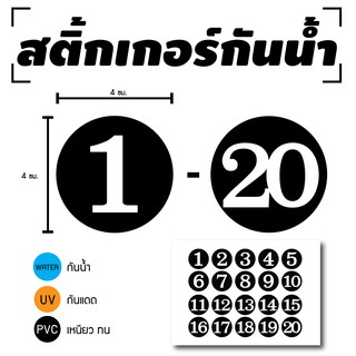 STICKER สติกเกอร์ สติ้กเกอร์กันน้้ำ ติดประตู,ผนัง,กำแพง (ป้ายตัวเลข 1-20) พื้นดำเลขขาว 1 A4 ได้รับ 20 ดวง [รหัส D-056]