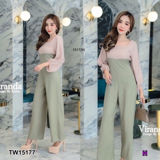 15177🌴 Jumpsuit จั้มสูทขายาว คอยู ทรงแขนพองยาวชุดทำงาน/ออกงาน/เที่ยว