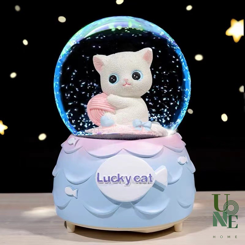 UoneHome พร้อมส่ง H026 กล่องดนตรีลูกแก้วแมวลัคกี้ เรืองแสงน่ารัก ของขวัญวันเกิด รับห่อของขวัญ พร้อมเขียนการ์ด