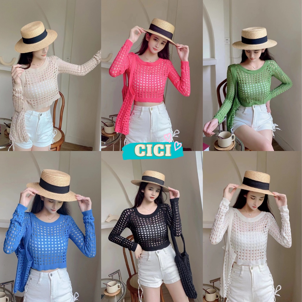 Cici(NO.TT2165)KnitTop+Bag Set เสื้อไหมพรมถักโครเชต์กิมมิคตาข่าย จับคู่แมตช์กระเป๋าข้าง สไตล์สายเกา