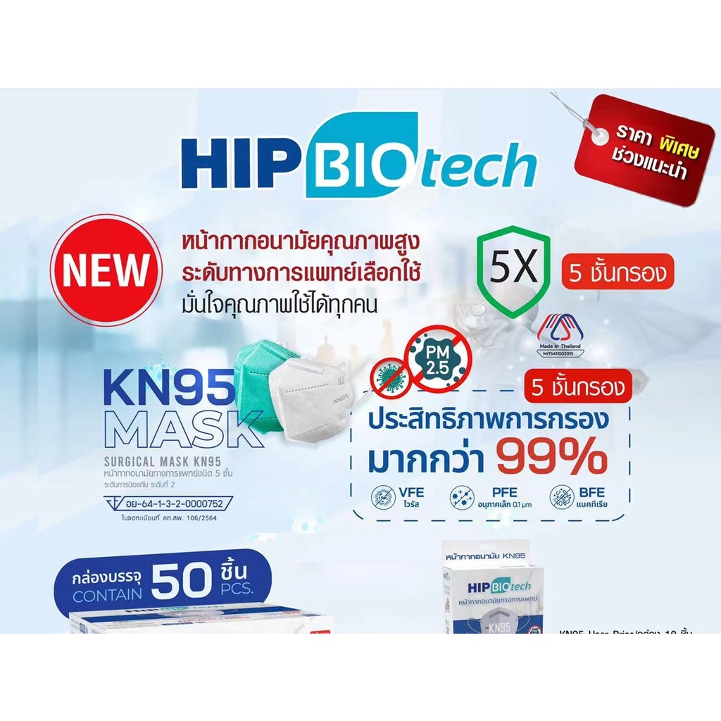 HIP Biotech หน้ากากอนามัย รุ่น KN95 พร้อมส่ง จากไทย หน้ากาก 100% กันฝุ่นและเชื้อไวรัส นำเข้าโดยบริษั