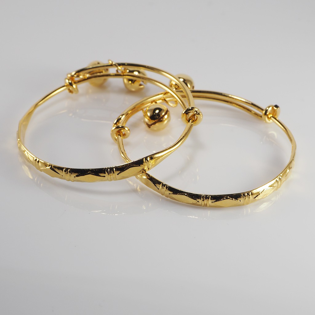 EBR-105 Elise's กำไลข้อเท้าชุบทองไมครอน(คู่) ลายไผ่จีน ลายเก่าเยาวราช ห้อยกระดิ่ง สำหรับเด็ก ปรับไซด