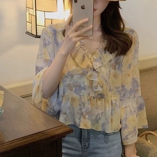 Suxi เสื้อท็อปแขนกลาง ทรงหลวม เข้ารูป ลายดอกไม้ เข้ากับทุกการแต่งกาย สไตล์วินเทจ แฟชั่นฤดูร้อน สําหรับผู้หญิง