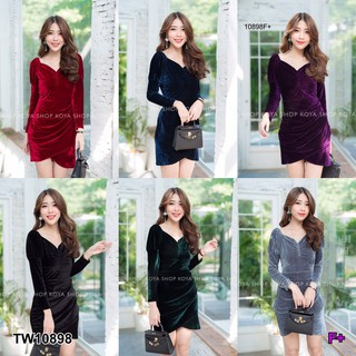 J10898 Dress เดรส กำมะหยี่ จีบเว้าอก