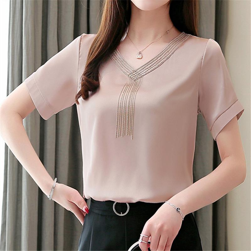 เสื้อเชิ้ต ผ้าชีฟอง แขนสั้น ประดับพู่ แฟชั่นสตรี