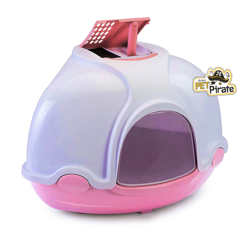 Imac Ginger ห้องน้ำแมวทรงโดม มีฝาปิด ดีไซน์ 3 เหลี่ยมเพื่อให้เข้ากับมุมห้อง ประตูเปิดกว้าง ทำความสะอาดง่าย