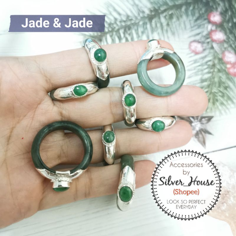 แหวนหยกแท้​ หัวหยกแท้​ jade & jade​ ตัวเรือนเงิน​ 92.5% แหวนเสริมมงคล