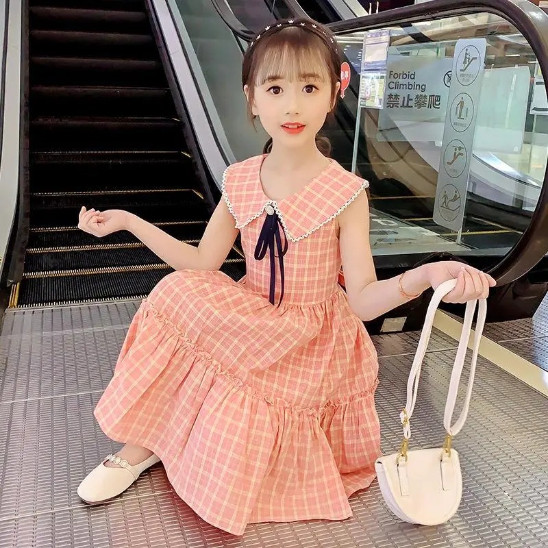ชุดเดรสกระโปรง ผ้าฝ้าย แขนกุด ลายสก๊อต สําหรับเด็กผู้หญิง อายุ 110-160 ซม. อายุ 3-14 ปี