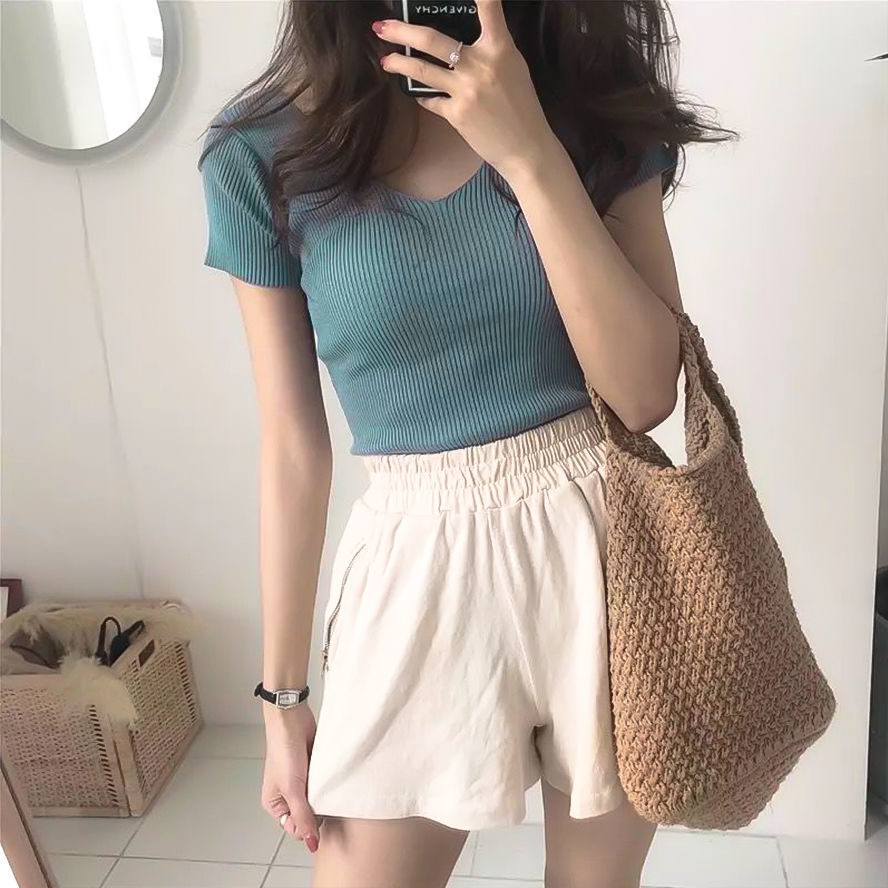 ผ้าไหมน้ำแข็งTเสื้อยืด，เสื้อ bottoming ผู้หญิง，สไตล์ยอดนิยม，สีทึบV ...