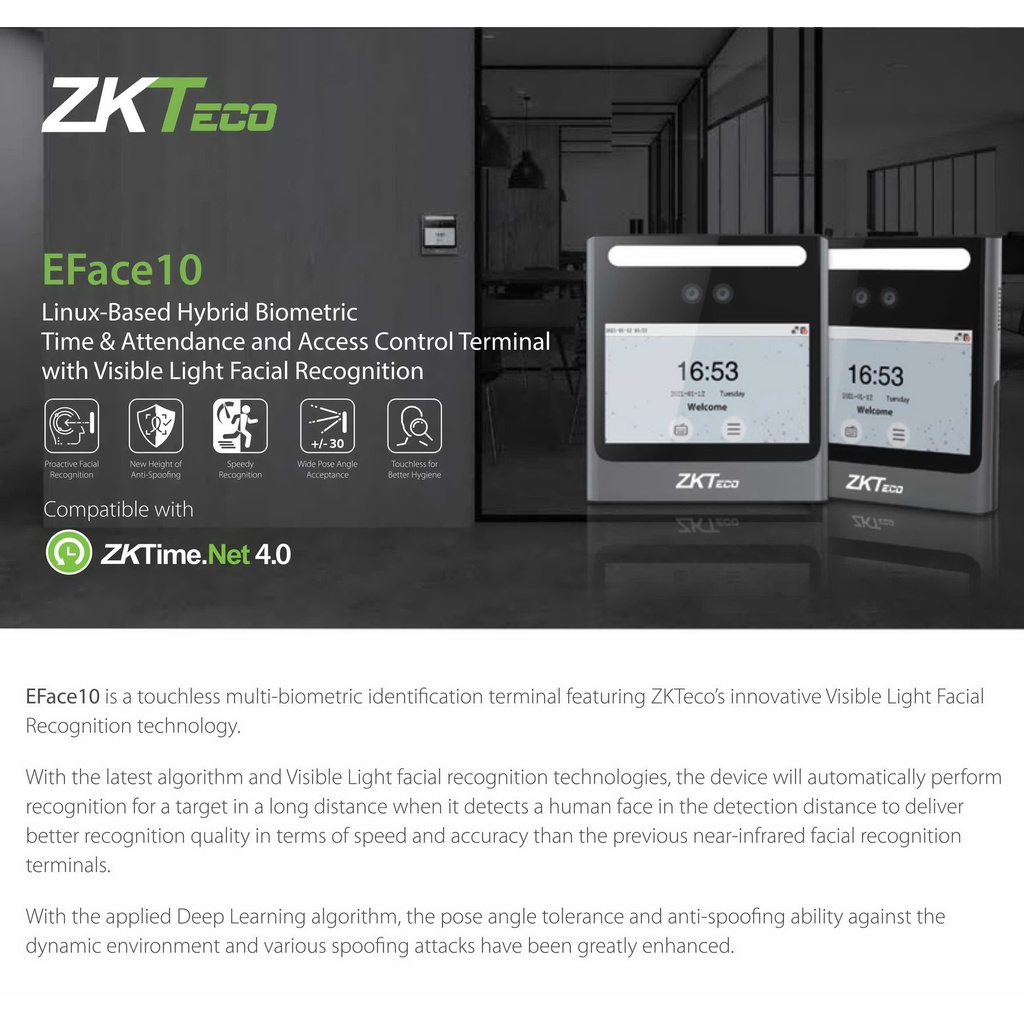 ZKTeco EFace10-WiFi เครื่องสแกนใบหน้ารุ่นใหม่ Visible Light สแกนใบหน้าโดยไม่ต้องเข้าใกล้ ไม่ต้องก้มหน้า เปิดประตูได้