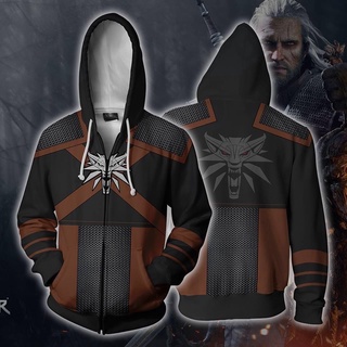 เสื้อแจ็กเก็ตกันหนาว มีฮู้ด แต่งซิป พิมพ์ลาย The Witcher 3 มิติ แฟชั่นสําหรับสตรี