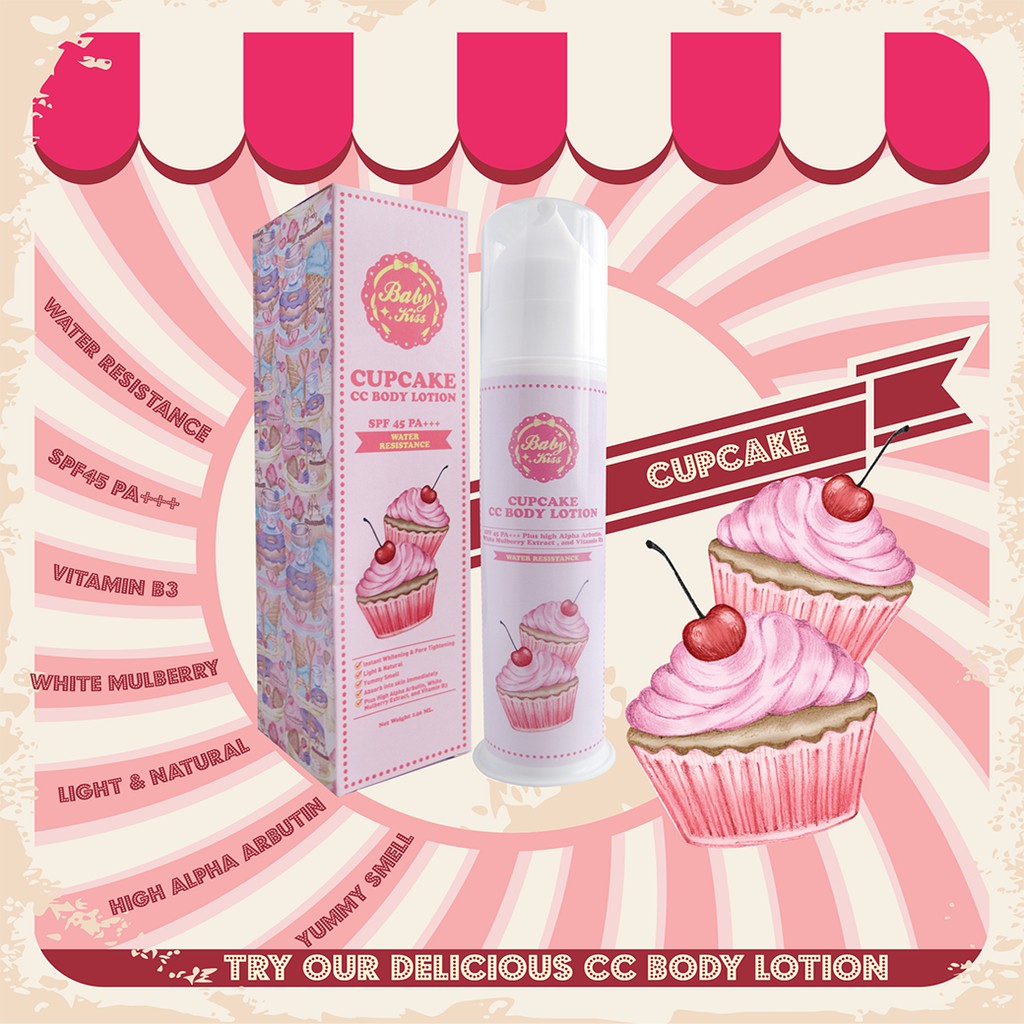 BABY KISS CUPCAKE CC BODY LOTION - SPF45 PA++ ซีซีครีม กลิ่นคัพเค้ก ทาผิวขาวอย่างเป็นธรรมชาติ กันน้ำ