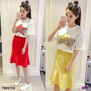 TwinsShopVip💗พร้อมส่ง TW5119 Set เสื้อพิมพ์ GOLDENSTAR + กระโปรง