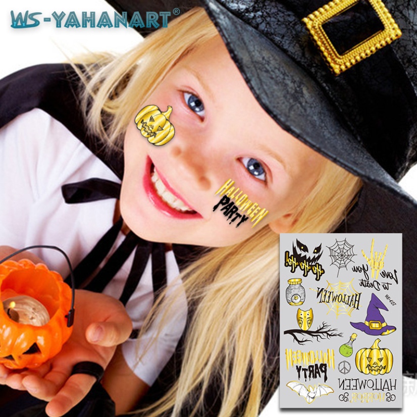 WE 105*150mm แทททูฮาโลวี แทคทูสีทอง แทคทูเด็ก ผี แม่มด น่ารัก สีทอง รอยสัก ฮาโลวีน Halloween Easy Gold Cute Kid Tattoo
