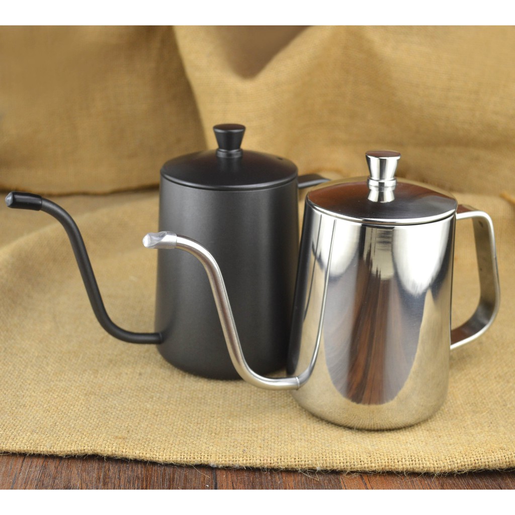 กาดริปกาแฟ สแตนเลส สำหรับชงกาแฟ 600ml กาปากยาว กาเทฟล่อน กาสีเงิน Stainless Coffee Drip Pot