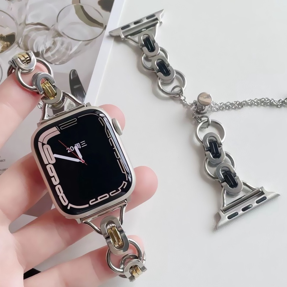 ใหม่ แฟชั่น โซ่ สาย applewatch Chain Strap For Apple Watch Strap สายนาฬิกา applewatch Stainless Steel i watch strap For Series 7 6 5 4 3 2 1, size 41mm 45mm 38mm 40mm 42mm 44mm Elegant Band For สาย applewatch series 7