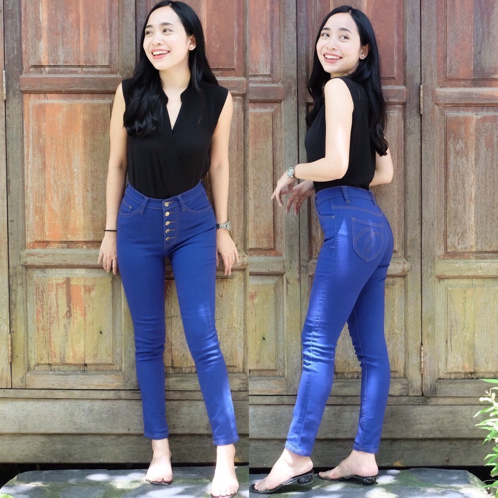 Cc jeans 049 กางเกงยีนส์ผู้หญิงแฟชั่น เอวสูง ทรงเดฟสกินนี่ กระดุม 5 เม็ด สีน้ำเงินเมจิ กระเป๋าแต่งลายด้านหลัง