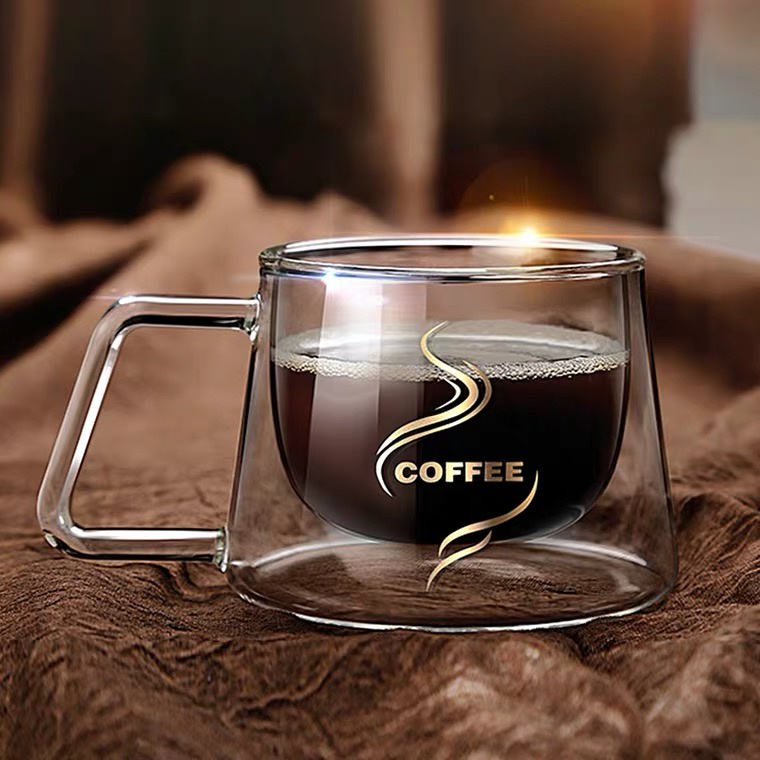 แก้วใส 2 ชั้น มีหูจับ สำหรับใส่กาแฟ  ชา  เครื่องดื่มอื่นๆ ใส่ได้ทั้งร้อนและเย็น