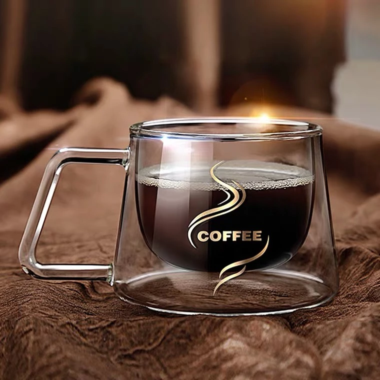แก้วใส 2 ชั้น มีหูจับ สำหรับใส่กาแฟ ชา เครื่องดื่มอื่นๆ ใส่ได้ทั้งร้อนและเย็น