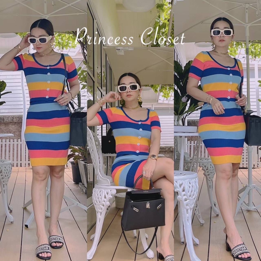 bybeyond ชุดเซ็ตไหมพรม มีกระดุมติด ลายริ้ว ผ้าใส่สบาย เสื้อกระโปรง ฮิต ...