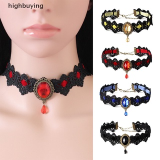 [highbuying] ใหม่ สร้อยคอโชคเกอร์ กํามะหยี่ ลูกไม้ สีดํา จี้คริสตัล สไตล์วินเทจ โกธิค