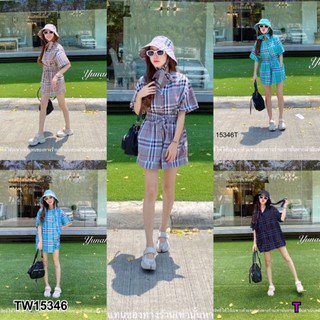 เซตเสื้อเชิ้ตแขนสั้น+กางเกงขาสั้น+หมวกบัคเก็ตลายสก็อตเข้าชุด