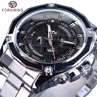 Forsining Black Transparent Silver Stainless Steel 2018 Fashion Steampunk Men Sport Racing Automatic Wristwatch Top Bran