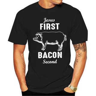 เสื้อยืด คอกลม ผ้าฝ้าย 100% พิมพ์ลาย Jesus First Bacon Second สีดํา สําหรับคนรักอาหารคริสเตียน