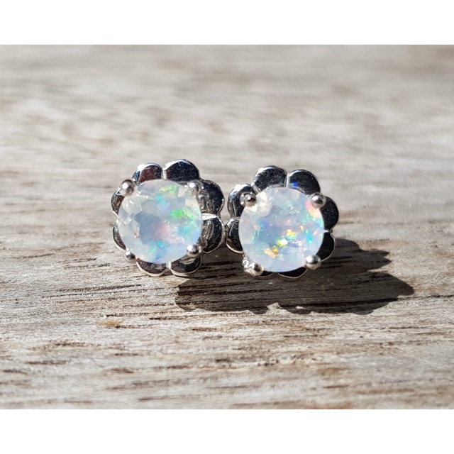 🔥CSJEWELRY🔥พร้อมส่ง‼️ opal earring ต่างหูพลอยโอปอลแท้ เรือนเงินแท้ ตุ้มหูโอปอล เดิอนตุลาคม