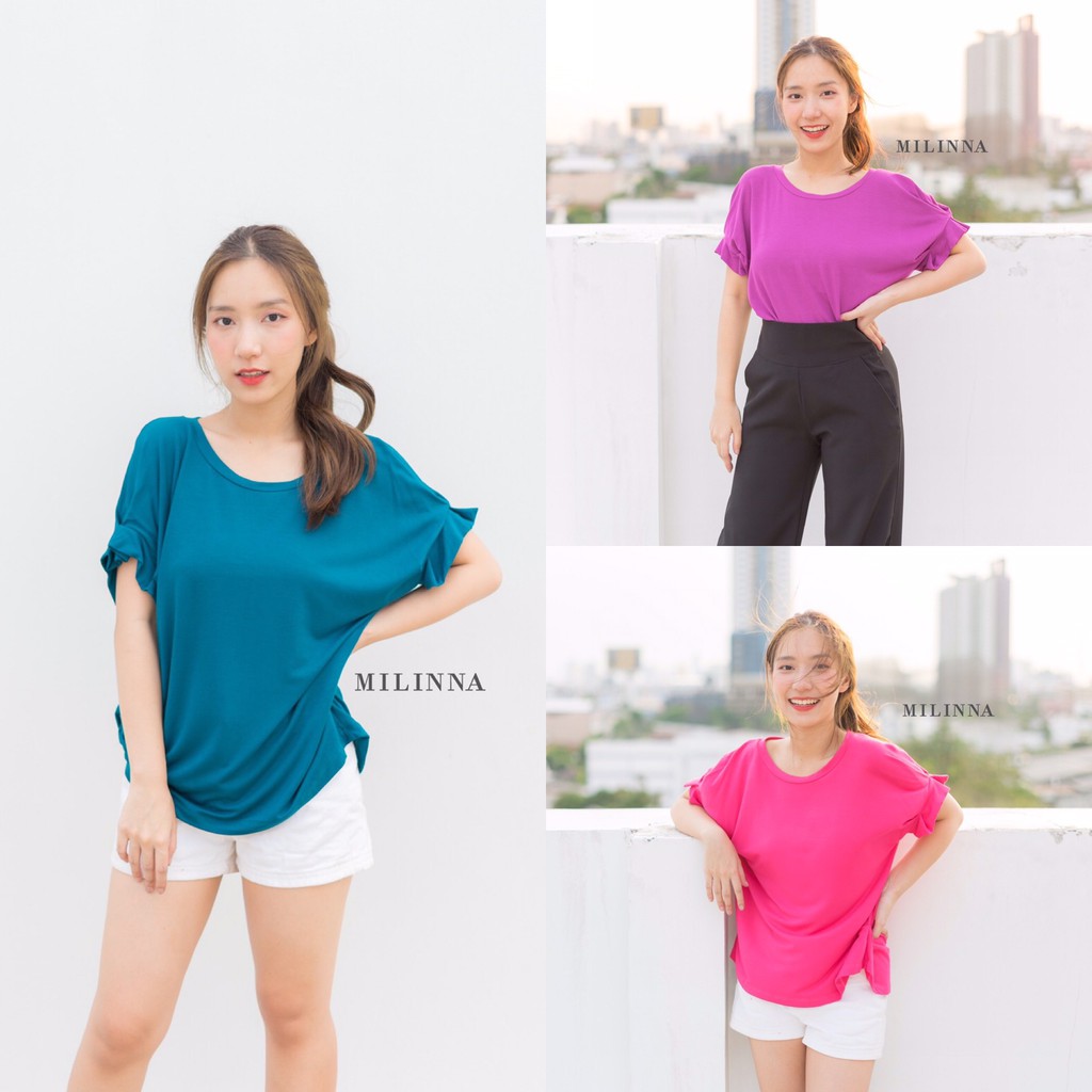 Milinnaเสื้อยืดผ้าเรย่อน spandex แขนแต่งดีเทลขนมจีบ PT06 CARDIGAN_NISTA​ (LA3C)