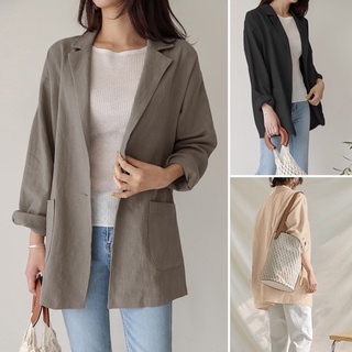 PRETTY Women Loose Long Sleeve Lapel Elegant Button Down Cotton Blazer