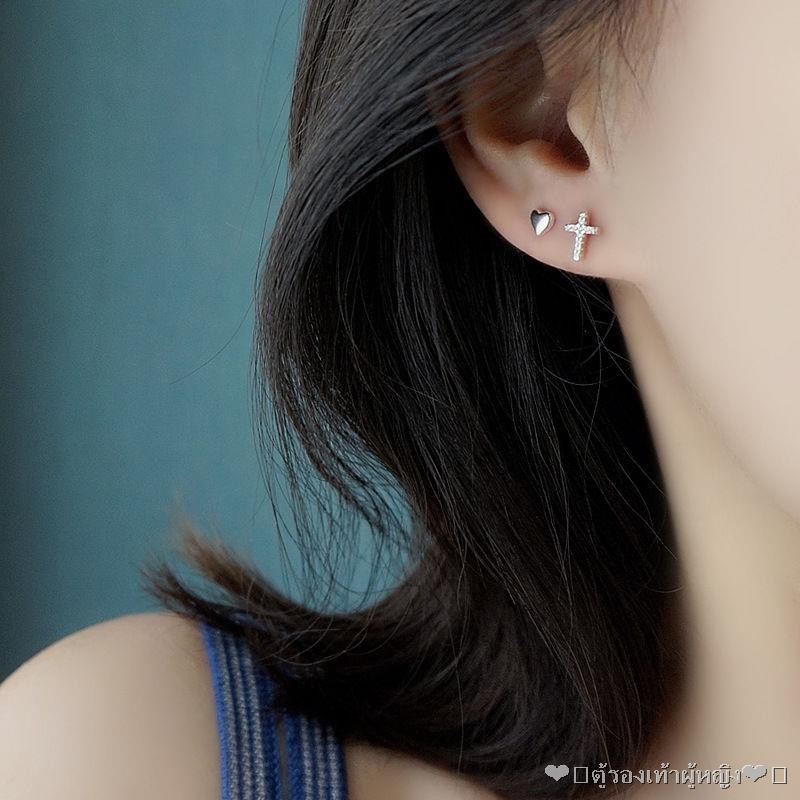 ตุ้มหู ต่างหูเงินแท้ ♝♗s925 Silver Cross Rhinestone Love Asymmetric Mini Earrings Male Niche 1939