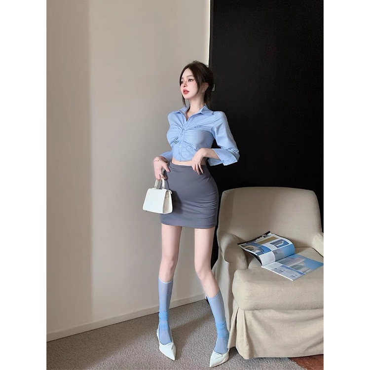 Cicishop(0815A)Mini Shirts เสื้อเชิ้ตครอปเว้าเอว ดีเทลเย็บตรงอกเก๋ๆ สไตล์เกาหลี - รูปที่ 6