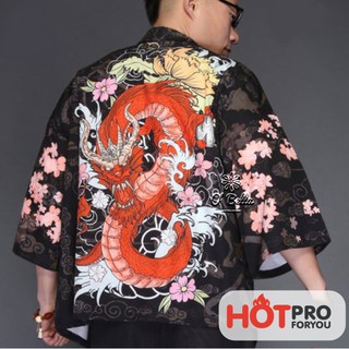 เสื้อคลุมญี่ปุ่นสำหรับผู้ชาย ลายมังกรแดง สไตล์กิโมโนลายสักชายสีแดง เสื้อคลุมแฟชั่น Men Japanese Yukata Coat Kimono