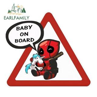 EARLFAMILY 13x11.7cm Baby On Board Car Stickers Super Hero Marvel Deadpool Car Styling Window Bumper Warning Sign Decals