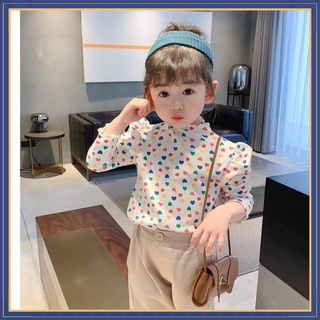 พร้อมส่ง เสื้อยืดแขนยาว ผ้าฝ้ายแท้ พิมพ์ลายหัวใจ สไตล์เกาหลี สําหรับเด็กผู้หญิง