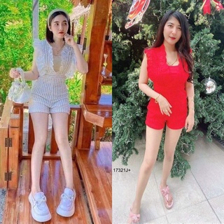 TwinsShopVip💗พร้อมส่ง TW17321 Jumpsuit จั้มสูทขาสั้นตาข่าย แต่งลูกไม้