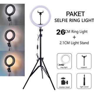PAKET KOMPLIT RINGLIGHT 26CM + TRIPOD 2,1 METER MAKE UP VLOG LAMPU RINGLIGHT