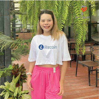 เสื้อครอป Bitcoin ลายLitecoin สำหรับสาวๆ ทรงโอเวอร์ไซด์ สีขาว เนื้อผ้าCotton พรีเมี่ยม แบรนด์ PP T SHIRT