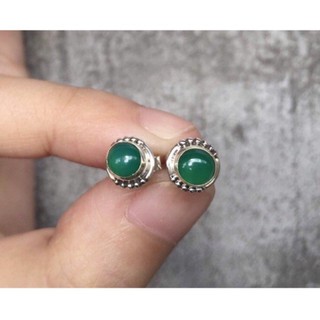 ต่างหูพลอยนิลเขียวแท้ เงินแท้ 92.5% Green Onyx silver925 Earring Stud