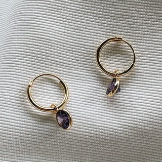 10mm Purple CZ Dangle Hoops, 18K Gold Plated Sterling Silver Earrings E0075 | เงินแท้ 925 ชุบทองเเท้ 18 กะรัต