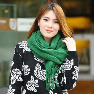🎀พร้อมส่ง🎀 ผ้าพันคอผืนยาว ไหมพรมนุ่มถักลาย ปลายแต่งริ้ว-10908